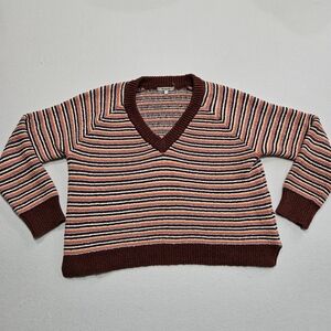 Madewell Size Large Arden Striped V-Neck Oversize Crop‎ Pullover Sweater Rust